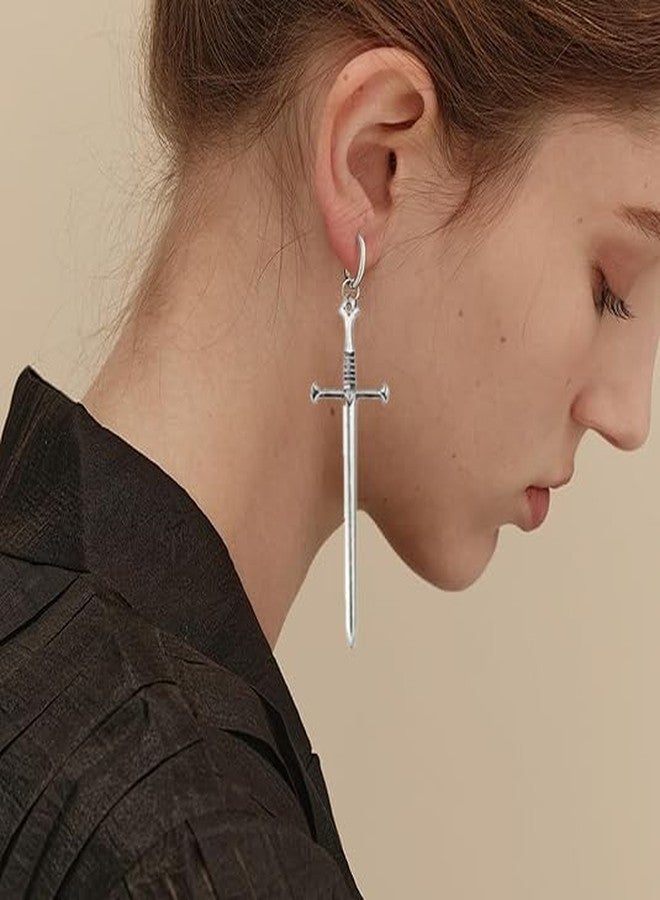 Modpide Punk Gothic Long Dagger Sword Huggie Hoop Earrings Halloween Earrings for Women Men Minimalist Samll Hoops earrings (Antique Silver) - Image 2